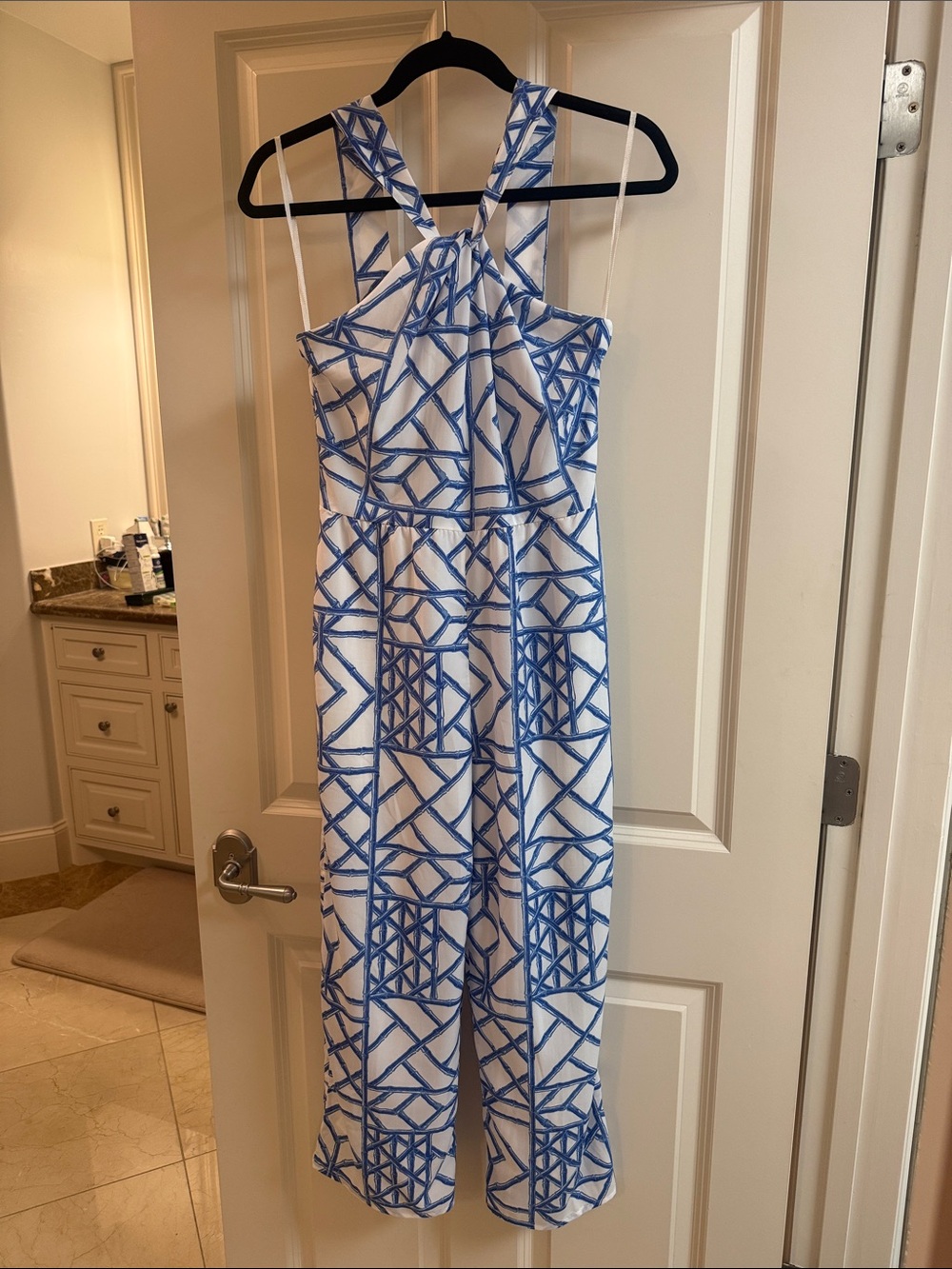 Vineyard Vines Blue & White Geometric Halter Jumpsuit